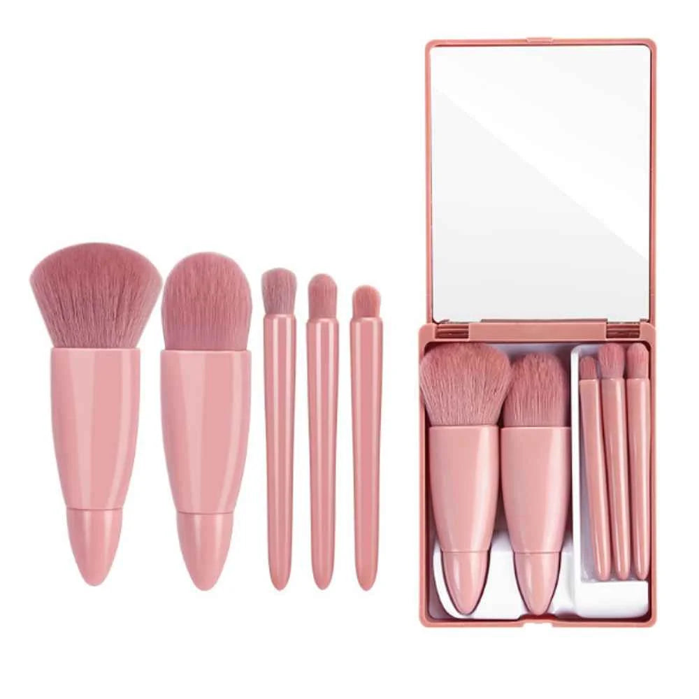 Kit Compacto: Espelho de Maquiagem Portátil + 5 Pincéis