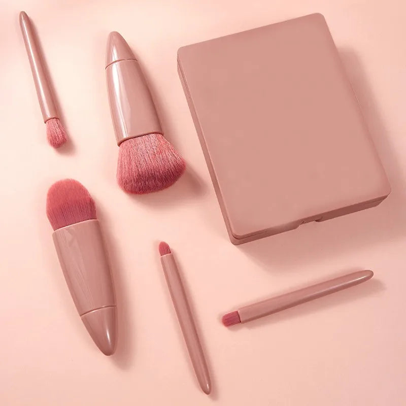 Kit Compacto: Espelho de Maquiagem Portátil + 5 Pincéis