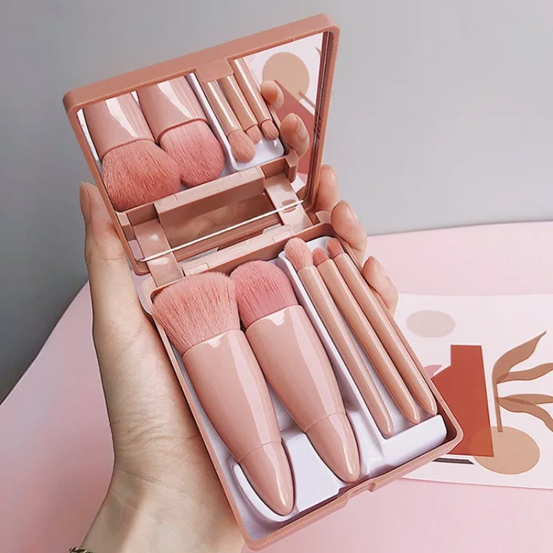 Kit Compacto: Espelho de Maquiagem Portátil + 5 Pincéis